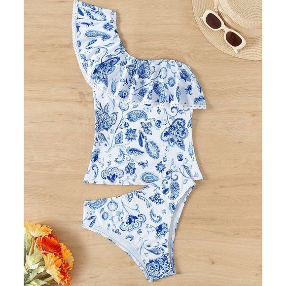 Boho Floral Tropical Print One Shoulder Beach Bikini - Picture 3 of 4